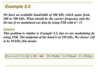Example 5.5
We have an available bandwidth of 100 kHz which spans from
200 to 300 kHz. What should be the carrier frequency and the
bit rate if we modulated our data by using FSK with d = 1?
Solution
This problem is similar to Example 5.3, but we are modulating by
using FSK. The midpoint of the band is at 250 kHz. We choose 2Δf
to be 50 kHz; this means
 