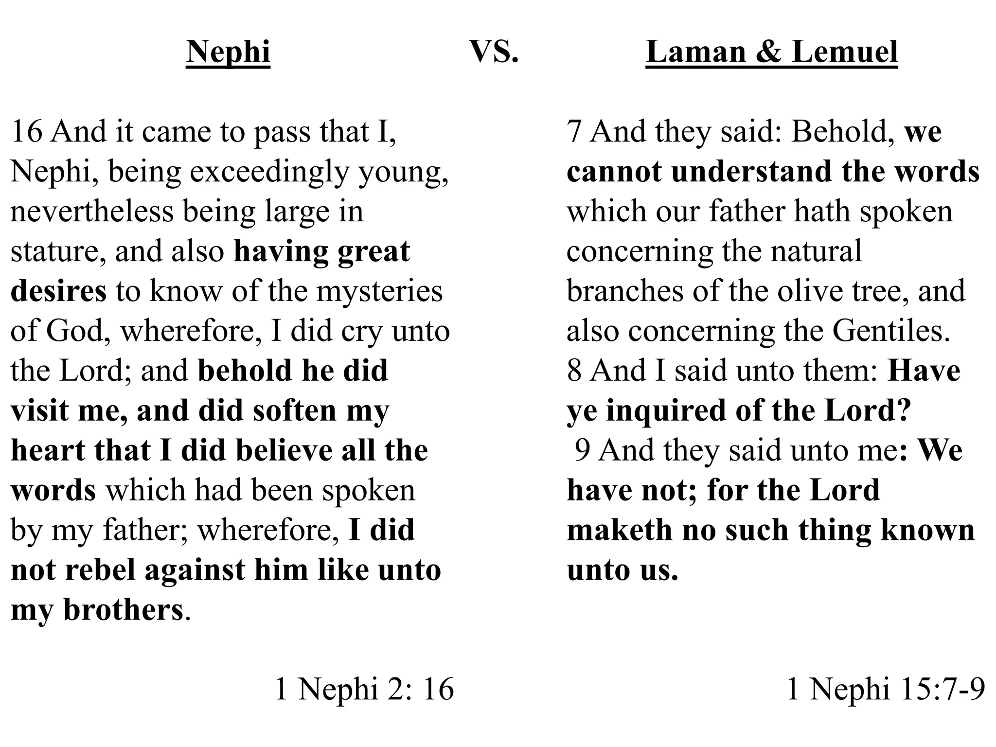 Nephi 
16 And it came to pass that I, 
Nephi, being exceedingly young, 
nevertheless being large in 
stature, and also having great 
desires to know of the mysteries 
of God, wherefore, I did cry unto 
the Lord; and behold he did 
visit me, and did soften my 
heart that I did believe all the 
words which had been spoken 
by my father; wherefore, I did 
not rebel against him like unto 
my brothers. 
1 Nephi 2: 16 
Laman & Lemuel 
7 And they said: Behold, we 
cannot understand the words 
which our father hath spoken 
concerning the natural 
branches of the olive tree, and 
also concerning the Gentiles. 
8 And I said unto them: Have 
ye inquired of the Lord? 
9 And they said unto me: We 
have not; for the Lord 
maketh no such thing known 
unto us. 
1 Nephi 15:7-9 
VS. 
 