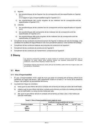 Document Bàsic HS Salubritat amb comentaris
HS1-2
Coeficient de permeabilitat del terreny
c) façanes:
i) les característiques de les façanes han de correspondre amb les especificades en l’apartat
2.3.1;
2.3.2 segons el grau d’impermeabilitat exigit en l’apartat 2.3.1;
ii) les característiques del s punts singulars de les mateixes han de correspondre amb les
especificades a l’apartat 2.3.3;
d) cobertes:
i) les característiques de les cobertes han de correspondre amb les especificades en l’apartat
2.4.2;
ii) les característiques dels components de les mateixes han de correspondre amb les
especificades en l’apartat 2.4.3;
iii) les característiques dels punts singulars de les mateixes han de correspondre amb les
especificades en l’apartat 2.4.4.
3 Compliment de les condicions de dimensionament de l'apartat 3 relatives als tubs de drenatge, a les
canaletes de recollida de l'aigua filtrada en els murs parcialment estancs i a les bombes de buidatge.
4 Compliment de les condicions relatives als productes de construcció de l’apartat 4.
5 Compliment de les condicions de construcció de l’apartat 5.
6 Compliment de les condicions de manteniment i conservació de l’apartat 6.
2 Diseny
Les solucions constructives recollides en aquest apartat es consideren solucions acceptades, però no
obligatòries. Es poden utilitzar altres solucions, sempre que aquestes proporcionen les mateixes
prestacions, d’acord amb lo disposat a l’article 5 del CTE.
S’arrepleguen algunes solucions poc usuals, però que són factibles i poden donar-se en alguns casos, com
per exemple en rehabilitació.
2.1 Murs
2.1.1 Grau d’impermeabilitat
1 El grau d’impermeabilitat mínim exigit als murs que estan en contacte amb el terreny enfront de la
penetració de l'aigua del terreny i dels vessaments s'obté en la taula 2.1 en funció de la presència
d'aigua i del coeficient de permeabilitat del terreny.
2 La presència d’aigua es considera
a) baixa quan la cara inferior del sòl en contacte amb el terreny es troba per sobre del nivell freàtic;
b) mitjana quan la cara inferior del sòl en contacte amb el terreny es troba a la mateixa profunditat
que el nivell freàtic o a menys de dos metres per sota;
c) alta quan la cara inferior del sòl en contacte amb el terreny es troba a dos o més metres per
sota del nivell freàtic.
Taula 2.1 Grau d’impermeabilitat mínim exigit als murs
Presència d’aigua Ks≥10
-2
cm/s 10
-5
<Ks<10
-2
cm/s Ks≤10
-5
cm/s
Alta 5 5 4
Mitjana 3 2 2
Baixa 1 1 1
 