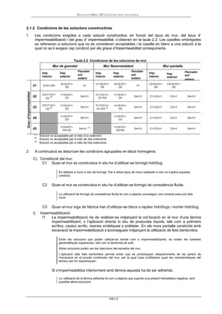 Document Bàsic HS Salubritat amb comentaris
HS1-3
2.1.2 Condicions de les solucions constructives
1 Les condicions exigides a cada solució constructiva, en funció del tipus de mur, del tipus d’
impermeabilització i del grau d’ impermeabilitat, s’obtenen en la taula 2.2. Les caselles ombrejades
es refereixen a solucions que no es consideren acceptables i la casella en blanc a una solució a la
qual no se li exigeix cap condició per als graus d’impermeabilitat corresponents.
Taula 2.2 Condicions de les solucions de mur
Mur de gravetat Mur flexorresistent Mur pantalla
Imp.
interior
Imp.
exterior
Parcialm
ent
estanc
Imp.
interior
Imp.
exterior
Parcialm
ent
estanc
Imp.
interior
Imp.
Parcialm
exterior
ent
estanc
Graud’impermeabilitat
≤1 I2+D1+D5
I2+I3+D1+
D5
V1
C1+I2+D1+
D5
I2+I3+D1+
D5
V1
C2+I2+D1+
D5
C2+I2+D1+
D5
≤2
C3+I1+D1+
D3
(3)
I1+I3+D1+
D3
D4+V1
C1+C3+I1+
D1+D3
I1+I3+D1+
D3
D4+V1 C1+C2+I1 C2+I1 D4+V1
≤3
C3+I1+D1+
D3
(3)
I1+I3+D1+
D3
D4+V1
C1+C3+I1+
D1+D3
(2)
I1+I3+D1+
D3
D4+V1 C1+C2+I1 C2+I1 D4+V1
≤4
I1+I3+D1+
D3
D4+V1
I1+I3+D1+
D3
D4+V1 C1+C2+I1 C2+I1 D4+V1
≤5
I1+I3+D1+
D2+D3
D4+V1
(1) I1+I3+D1+
D2+D3
D4+V1 C1+C2+I1 C2+I1 D4+V1
(1)
Solució no acceptable per a més d’un soterrani.
(2)
Solució no acceptable per a més de dos soterranis.
(3)
Solució no acceptable per a més de tres soterranis.
2 A continuació es descriuen les condicions agrupades en blocs homogenis.
C) Constitució del mur:
C1 Quan el mur es construïsca in situ ha d’utilitzar-se formigó hidròfug.
Es refereix a murs in situ de formigó. Per a altres tipus de murs realitzats in situ no s’aplica aquesta
condició.
C2 Quan el mur es construïsca in situ ha d'utilitzar-se formigó de consistència fluïda.
La utilització de formigó de consistència fluïda té com a objectiu aconseguir una correcta execució dels
murs.
C3 Quan el mur siga de fàbrica han d'utilitzar-se blocs o rajoles hidròfugs i morter hidròfug.
I) Impermeabilització:
I1 La impermeabilització ha de realitzar-se mitjançant la col·locació en el mur d’una làmina
impermeabilitzant, o l’aplicació directa in situ de productes líquids, tals com a polímers
acrílics, cautxú acrílic, resines sintètiques o polièster. En els murs pantalla constrüits amb
excavació la impermeabilització s’aconsegueix mitjançant la utilització de llots bentonítics.
Entre les solucions que poden utilitzar-se també com a impermeabilitzants, es troben les barreres
geosintètiques expansives, tals com la bentonita de sodi.
Altres solucions poden ser les injeccions del extradós del mur.
L’aplicació dels llots bentonítics permet evitar que es produïsquen despreniments de les parets de
l'excavació en el procés constructiu del mur, per la qual cosa s'utilitzaran quan les característiques del
terreny així ho requerisquen.
Si s’impermeabilitza interiorment amb làmina aquesta ha de ser adherida.
La utilització de la làmina adherida té com a objectiu que suporte una pressió hidrostàtica negativa, sent
possible altres solucions.
 