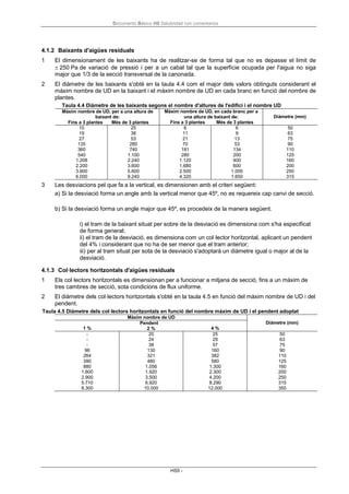 Documento Básico HS Salubridad con comentarios
HS5 -
4.1.2 Baixants d'aigües residuals
1 El dimensionament de les baixants ha de realitzar-se de forma tal que no es depasse el límit de
± 250 Pa de variació de pressió i per a un cabal tal que la superfície ocupada per l'aigua no siga
major que 1/3 de la secció transversal de la canonada.
2 El diàmetre de les baixants s'obté en la taula 4.4 com el major dels valors obtinguts considerant el
màxim nombre de UD en la baixant i el màxim nombre de UD en cada branc en funció del nombre de
plantes.
Taula 4.4 Diàmetre de les baixants segons el nombre d'altures de l'edifici i el nombre UD
Màxim nombre de UD, per a una altura de
baixant de:
Fins a 3 plantes Més de 3 plantes
Màxim nombre de UD, en cada branc per a
una altura de baixant de:
Fins a 3 plantes Més de 3 plantes
Diàmetre (mm)
10 25 6 6 50
19 38 11 9 63
27 53 21 13 75
135 280 70 53 90
360 740 181 134 110
540 1.100 280 200 125
1.208 2.240 1.120 400 160
2.200 3.600 1.680 600 200
3.800 5.600 2.500 1.000 250
6.000 9.240 4.320 1.650 315
3 Les desviacions pel que fa a la vertical, es dimensionen amb el criteri següent:
a) Si la desviació forma un angle amb la vertical menor que 45º, no es requereix cap canvi de secció.
b) Si la desviació forma un angle major que 45º, es procedeix de la manera següent.
i) el tram de la baixant situat per sobre de la desviació es dimensiona com s'ha especificat
de forma general;
ii) el tram de la desviació, es dimensiona com un col·lector horitzontal, aplicant un pendent
del 4% i considerant que no ha de ser menor que el tram anterior;
iii) per al tram situat per sota de la desviació s'adoptarà un diàmetre igual o major al de la
desviació.
4.1.3 Col·lectors horitzontals d'aigües residuals
1 Els col·lectors horitzontals es dimensionan per a funcionar a mitjana de secció, fins a un màxim de
tres cambres de secció, sota condicions de flux uniforme.
2 El diàmetre dels col·lectors horitzontals s'obté en la taula 4.5 en funció del màxim nombre de UD i del
pendent.
Taula 4.5 Diàmetre dels col·lectors horitzontals en funció del nombre màxim de UD i el pendent adoptat
Màxim nombre de UD
Diàmetre (mm)
1 %
Pendent
2 % 4 %
- 20 25 50
- 24 29 63
- 38 57 75
96 130 160 90
264 321 382 110
390 480 580 125
880 1.056 1.300 160
1.600 1.920 2.300 200
2.900 3.500 4.200 250
5.710 6.920 8.290 315
8.300 10.000 12.000 350
 