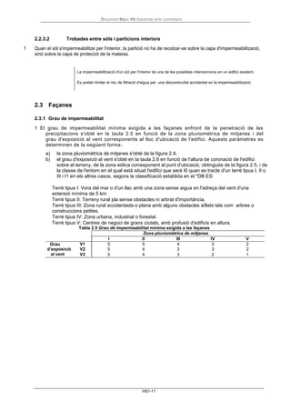 Document Bàsic HS Salubritat amb comentaris
HS1-11
Zona pluviomètrica de mitjanes
2.2.3.2 Trobades entre sòls i particions interiors
1 Quan el sòl s'impermeabilitze per l'interior, la partició no ha de recolzar-se sobre la capa d'impermeabilització,
sinó sobre la capa de protecció de la mateixa.
La impermeabilització d'un sòl per l'interior és una de les possibles intervencions en un edifici existent.
Es pretén limitar el risc de filtració d'aigua per una discontinuïtat accidental en la impermeabilització.
2.3 Façanes
2.3.1 Grau de impermeabilitat
1 El grau de impermeabilitat mínima exigida a les façanes enfront de la penetració de les
precipitacions s'obté en la taula 2.5 en funció de la zona pluviomètrica de mitjanes i del
grau d'exposició al vent corresponents al lloc d'ubicació de l'edifici. Aquests paràmetres es
determinen de la següent forma:.
a) la zona pluviomètrica de mitjanes s'obté de la figura 2.4;
b) el grau d'exposició al vent s'obté en la taula 2.6 en funció de l'altura de coronació de l'edifici
sobre el terreny, de la zona eòlica corresponent al punt d'ubicació, obtinguda de la figura 2.5, i de
la classe de l'entorn en el qual està situat l'edifici que serà I0 quan es tracte d'un terrè tipus I, II o
III i I1 en els altres casos, segons la classificació establida en el *DB ES:
Terrè tipus I: Vora del mar o d'un llac amb una zona sense aigua en l'adreça del vent d'una
extensió mínima de 5 km.
Terrè tipus II: Terreny rural pla sense obstacles ni arbrat d'importància.
Terrè tipus III: Zona rural accidentada o plana amb alguns obstacles aïllats tals com arbres o
construccions petites.
Terrè tipus IV: Zona urbana, industrial o forestal.
Terrè tipus V: Centres de negoci de grans ciutats, amb profusió d'edificis en altura.
Tabla 2.5 Grau de impermeabilitat mínima exigida a las façanes
I II III IV V
Grau V1 5 5 4 3 2
d’exposició V2 5 4 3 3 2
al vent V3 5 4 3 2 1
 