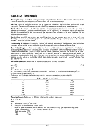 Document Bàsic HS Salubritat amb comentaris
HS2-9
f
Apèndix A Terminologia
Emmagatzematge immediat: emmagatzematge temporal de les fraccions dels residus a l'interior de les
unitats d'ús per reduir la freqüència del trasllat a mà fins als punts de recollida.
Baixant: conducte vertical que serveix per al trasllat per gravetat o pneumàtic dels residus des de les
comportes d'abocament fins als contenidors d'edifici o les estacions de càrrega, respectivament.
Contenidors de carrer: contenidors de recollida públics disposats al carrer per als residus generats en
edificis del seu entorn. Aquests contenidors poden ser de superfície, en aquest cas els usuaris dipositen
els residus directament en ells, o subterranis, que disposen d'una bústia col·locat en la superfície per a la
introducció dels residus.
Contenidors d'edifici: contenidors de recollida privats per als residus generats en una o diversos
habitatges i que se situen en el magatzem de contenidors d'edifici. En aquests contenidors es dipositen els
residus a través de baixants o a mà.
Contenidors de recollida: contenidors utilitzats per dipositar les diferents fraccions dels residus ordinaris
generats, a fi de facilitar el seu trasllat i la seva càrrega en els camions del servei de recollida.
Estació de càrrega: part de la instal·lació de recollida pneumàtica situada en la part inferior de la baixant t
de la comporta d'abocament exterior que les connecta amb el tram subterrani horitzontal de la xarxa de
canonades. Generalment consta d'un tram vertical, vàlvula de residus, vàlvula d'aire, indicadors de nivell i
instrumentació de enclavament i control. La funció del tram vertical és l'agrupament de les borses. La
vàlvula de residus se situa en la part inferior del tram vertical i permet la retenció i l'expedició dels residus
d'acord amb les ordres de control. La vàlvula d'aire és transversal a la canonada i permet l'entrada d'aire
per al transport.
Factor de contenidor: factor que es defineix mitjançant la següent expressió:
C =
SC
f
CC
(A.1)
sent 2
Cf el factor de contenidor [m /l];
SC la superfície necessària per a l'emmagatzematge i maniobra de cada contenidor d'edifici [m
2
]; CC
la capacitat de cada contenidor [l].
En la taula A.1 s'inclouen els factors de contenidor corresponents als contenidors d'edifici
habituals.
Tabla A.1 Factor de contenidor
CC
en l
SC
en m
2
Cf
en m
2
/l
120 0,6 0,0050
240 1,0 0,0042
330 1,2 0,0036
600 2,0 0,0033
800 2,4 0,0030
1.100 3,0 0,0027
Factor de fracció: factor que es defineix mitjançant la següent expressió:
Ff = Tf ⋅Gf ⋅Cf
sent
(A.2)
F el factor de fracció [m
2
/persona];
Tf el període de recollida de la fracció [dies]; 3
Gf el volum generat de la fracció per persona i dia [dm /(persona·dia)], que equival als següents
valors: Paper / cartó 1,55 Envasos lleugers 8,40
Matèria orgànica 1,50
Vidre 0,48
Varis 1,50
 
