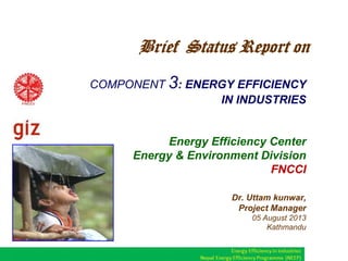 COMPONENT 3: ENERGY EFFICIENCY
IN INDUSTRIES
Energy Efficiency Center
Energy & Environment Division
FNCCI
Dr. Uttam kunwar,
Project Manager
05 August 2013
Kathmandu
Brief Status Report on
 