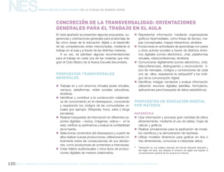 gcba mINISTERIO DE EDUCACIÓN DIRECCIÓN GENERAL DE PLANEAMIENTO educativo GERENCIA OPERATIVA DE CURRÍCULUM130
NESNueva Escuela Secundaria de la Ciudad de Buenos Aires
En este apartado se presentan algunas propuestas, su-
gerencias y orientaciones generales para el abordaje de
las cinco áreas de la educación digital y el desarrollo
de las competencias antes mencionadas, mediante el
trabajo en el aula y a través de las distintas materias.
A su vez, se plantean algunas recomendaciones
para el trabajo en cada una de las materias que inte-
gran el Ciclo Básico de la Nueva Escuela Secundaria.
Propuestas transversales
generales
„„ Trabajar en y con entornos virtuales (aulas virtuales,
campus, plataformas, redes sociales educativas,
etcétera).
„„ Identificar y contribuir a la construcción colaborati-
va de conocimiento en el ciberespacio, conociendo
y respetando los códigos de las comunidades vir-
tuales (por ejemplo, Wikipedia, foros, wikis o blogs
escolares).
„„ Realizar búsquedas de información en diferentes so-
portes digitales —textos, imágenes, videos—  en la
web; verificar su pertinencia y evaluar la confiabilidad
de la fuente.
„„ Seleccionar contenidos del ciberespacio y a partir de
ellos realizar nuevas producciones, reflexionando crí-
ticamente sobre las consecuencias de sus decisio-
nes, como productores de contenidos e internautas.
„„ Crear relatos audiovisuales y otros tipos de produc-
ciones digitales de manera colaborativa.
„„ Representar información mediante organizadores
gráficos hipermediales, como líneas de tiempo, ma-
pas conceptuales, mapas interactivos, etcétera.
„„ Involucrarse en actividades de aprendizaje con pares
y otros actores sociales a través de distintos entor-
nos digitales (correo electrónico, chat, plataformas
virtuales, videoconferencias, etcétera).
„„ Comunicarse digitalmente (correo electrónico, chat,
teleconferencias), distinguiendo y reconociendo  ti-
pos de mensajes, códigos y convenciones de cada
uno de  ellos, respetando la netiquette5
y los códi-
gos de la comunicación digital.
„„ Identificar, indagar, recolectar y evaluar información
utilizando recursos digitales (planillas, formularios,
aplicaciones para búsqueda de datos estadísticos).
Propuestas de educación digital
por materia
Matemática
„„ Usar información y procesar gran cantidad de datos
eficientemente, mediante el uso de tablas, hojas de
cálculo y gráficos.
„„ Realizar simulaciones para la explicación de mode-
los científicos y la demostración de hipótesis.
„„ Utilizar modelos dinámicos para graficar en dos o
tres dimensiones, comunicar e interpretar datos.
5
	“Netiquette es una palabra derivada del francés étiquette (etiqueta) y
del inglés net (red), que designa el conjunto de reglas que regulan el
comportamiento general de los usuarios en internet. 
Concreción de la transversalidad: orientaciones
generales para el trabajo en el aula
 