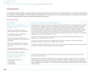 gcba mINISTERIO DE EDUCACIÓN DIRECCIÓN GENERAL DE PLANEAMIENTO educativo GERENCIA OPERATIVA DE CURRÍCULUM168
NESNueva Escuela Secundaria de la Ciudad de Buenos Aires
Contenidos Alcances y sugerencias para la enseñanza
Materia y factura: texturas mixtas,
combinación, transformación y apropiación
del objeto (ready made)
Combinación de materiales: pictóricos y
gráficos, tradicionales y no convencionales.
Las calidades de distintos materiales en
ensamblajes y/o instalaciones.
La inclusión del objeto cotidiano y de uso
(total y/o fragmentado) como elemento formal
resignificado.
Procesos de modificación de las calidades
de los materiales (espesar, diluir, fragmentar,
pegar, etc.).
La combinación de las calidades de los
materiales. Relaciones armónicas y contraste.
Recursos del arte textil y/o cerámico.
Consideramos que las texturas naturales y artificiales del entorno cotidiano ofrecen una amplia diversidad y variedad
de materiales para trabajar en el taller, lo que complejiza su selección, manipulación y/o modificación. Se sugiere
tener en cuenta las cualidades expresivas, táctiles y subjetivas que poseen al organizarlas en una composición.
Por ejemplo, se puede utilizar el soporte y/o el elemento texturado sin modificar sus cualidades táctiles y visuales
en una primera instancia y, posteriormente, modificar mecánica o manualmente las superficies, transformándolas
en función del sentido de la obra o la temática del proyecto. En la imagen tridimensional se pueden utilizar los
mismos criterios mencionados antes, además se pueden incluir objetos, transformarlos y modificar sus propiedades
originales en función de su tratamiento en volumen.
En este año, se sugiere utilizar objetos para incorporar en las composiciones, prestando especial atención a los
adhesivos y su compatibilidad con los materiales.
Por ejemplo, para adherir elementos como telgopor, plástico, porcelana o madera, se necesitan pegamentos
específicos, dado que los tradicionales los pueden corroer o destruir.
Se incorporan contenidos relacionados con el arte textil. En las escuelas que dispongan de recursos necesarios para
la producción cerámica se sugiere realizar al menos una experiencia.
Espacio-forma: marco, encuadre,
profundidad del campo visual, peso
compositivo y equilibrio
Marco, relación soporte-forma:
yy marco límite;
yy marco objeto;
yy fuera de marco.
Los contenidos espacio-forma se presentan de manera vinculada, ya que aportan a la imagen la estructura que
facilita la atribución de sentido.
Se propone abordar el tratamiento del límite natural o sensible de la imagen, que opera como cierre o recorte del
campo plástico. En este sentido, el marco límite nos permite aislar y separar la imagen del entorno, como ocurre
con las fotografías, láminas o pósters. El marco objeto incorpora a la imagen una separación tangible, delimitando el
espacio considerado “fuera de marco”. El tratamiento del marco objeto cobra especial relevancia en las producciones
contemporáneas.
Contenidos
EJE: PRODUCCIÓN
Los contenidos de Artes Visuales se organizan alrededor de los ejes de Producción, Apreciación y Contextualización. Se recomienda la articulación de
los contenidos correspondientes a los diversos ejes en la planificación de la enseñanza. En 2º año, se pone el énfasis en la composición, las tensiones
y la dinámica generada dentro del campo visual bidimensional y tridimensional.
 