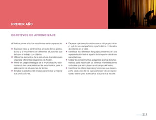 NES
teatro 217
Nueva Escuela Secundaria de la Ciudad de Buenos Aires
Objetivos de aprendizaje
Al finalizar primer año, los estudiantes serán capaces de:
„„ Expresar ideas y sentimientos a través de los gestos,
la voz y el movimiento en diferentes situaciones que
incluyan el trabajo con objetos.
„„ Utilizar los elementos de la estructura dramática para
organizar diferentes situaciones de ficción.
„„ Poner en juego estrategias de la improvisación, reco-
nociendo las características de esta técnica para la
elaboración de situaciones de ficción.
„„ Emplear la práctica del ensayo para revisar y mejorar
sus producciones.
„„ Expresar opiniones fundadas acerca del propio traba-
jo y el de sus compañeros a partir de los contenidos
abordados en el taller.
„„ Identificar los diferentes lenguajes presentes en una
representación teatral a partir de la experiencia de ser
espectadores.
„„ Utilizar los conocimientos adquiridos acerca de la tea-
tralidad para reconocer las diversas manifestaciones
culturales que se incluyen en el campo del teatro.
„„ Identificar los diferentes roles y funciones que desem-
peña cada uno de los que participan de un espec-
táculo teatral para adecuarlos a la práctica escolar.
PRIMER AÑO
 