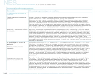 NES
gcba mINISTERIO DE EDUCACIÓN DIRECCIÓN GENERAL DE PLANEAMIENTO educativo GERENCIA OPERATIVA DE CURRÍCULUM352
Nueva Escuela Secundaria de la Ciudad de Buenos Aires
Procesos yTecnología de Producción
Contenidos Alcances y sugerencias para la enseñanza
La organización de los procesos de
producción
Tipos de organización de procesos de
producción.
Planificación y organización de procesos
de producción.
Analizar el modo en que se organiza un proceso de producción incluye reconocer las relaciones entre la organización
espacial de los recursos y medios técnicos y la organización temporal de las operaciones.
Existen dos maneras de organizar la producción: flexible y en línea. Estas se subdividen en cuatro tipos de procesos:
intermitentes, por lotes, continuos, por proyecto. Pueden acercarse a los alumnos diferentes ejemplos de procesos
(producción de leche, fabricación de electrodomésticos, construcción de un edificio, por ejemplo) de modo que logren
identificar las diferentes formas de organización de las tareas en cada caso, así como los tipos de tecnologías empleadas
para transportar o transformar los materiales. Será importante que reconozcan, en cada caso analizado, las relaciones entre
el tipo de organización y procesos adoptados y la cantidad y variedad de productos que se necesita obtener.
Para que los alumnos logren comprender los criterios y estrategias que guían la organización de la producción, además
del análisis de casos reales, podrá ser interesante proponer la realización de una experiencia directa en el aula, basada en
la planificación, la organización y la ejecución de un proceso de producción. A tal fin, se podrá proponer el análisis de un
objeto sencillo, identificando las operaciones necesarias para su elaboración y planificando el modo de organizarse entre
todos los alumnos, para realizar una producción en cantidad. En estos casos suele ser conveniente elegir objetos formados
por partes que se ensamblan entre sí (juguetes, linternas, por ejemplo) y proponer el diseño en el aula de la fábrica
necesaria para realizar el ensamble: tomando decisiones sobre la secuencia de armado, la cantidad personas necesarias en
cada etapa, la posibilidad de realizar operaciones simultáneas, el modo de evitar “cuellos de botella”, entre otras decisiones
asociadas a la planificación.
La Informática en los procesos de
producción
Sistemas, procesos y recursos
informáticos.
Modelización, procesamiento y
comunicación de la información.
A partir del reconocimiento de los flujos de información que ingresan a los procesos, será importante que los alumnos
identifiquen el rol de la Informática, con sus estrategias, técnicas y herramientas puestas al servicio de la adquisición,
la creación, el procesamiento, la transformación, el almacenamiento, la circulación y la comunicación de la información.
Esto abarca desde el reconocimiento de los diferentes tipos de equipos y sistemas informáticos (computadoras, redes,
dispositivos móviles, sistemas “embebidos”), pasando por la diferenciación de los tipos de software (de base o sistema,
de programación, de aplicación) y llegando a la identificación de los recursos que se utilizan y de los procesos y las
operaciones que se realizan para, por ejemplo: registrar y organizar la información correspondiente a los pedidos de los
productos y los inventarios de los insumos; detectar e inspeccionar parámetros para evaluar la calidad en la realización
de las operaciones; controlar el funcionamiento de los procesos automatizados; comunicar información a clientes y
proveedores (*).
Para realizar el análisis de los procesos de producción identificando operaciones y flujos, los alumnos deberán disponer
de estrategias y herramientas de representación que les permitan modelizar la información disponible. A tal fin, se
propone la utilización de diagramas de bloques que, mediante “bloquecitos” y diferentes tipos de flechas, permitan
representar la estructura de los procesos. Asimismo, será importante que los alumnos conozcan, seleccionen y utilicen
diferentes herramientas informáticas de representación, valorando la potencialidad de las mismas para la modelización de
los procesos. El trabajo con este tipo de herramientas ofrece, también, la posibilidad de que los alumnos experimenten
estrategias propias del pensamiento computacional, como la modularización, la generalización y la reutilización, a partir de
la creación de “librerías o galerías” de operaciones y flujos, que se irán seleccionando y combinando de acuerdo a cada
nuevo proceso analizado (*).
 