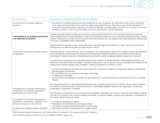 geografía 393
NESNueva Escuela Secundaria de la Ciudad de Buenos Aires
Contenidos Alcances y sugerencias para la enseñanza
Los movimientos sociales: reclamos y
acciones.3
yy Se propone un estudio especial sobre las condiciones de vida, la pobreza, las diferentes formas que se manifiesta
y los modos en que se denuncia en distintos lugares de ambas Américas. Para ello se recomienda seleccionar un
movimiento social americano o argentino vinculado por ejemplo, con demandas y conflictos por el acceso a la tierra o
al trabajo y poner el foco en sus demandas, formas de organización y logros alcanzados.
4. Diversidad en los modelos productivos
y de desarrollo en América
Los sectores productivos en América latina
y anglosajona.
Contrastes entre sectores tradicionales e
innovadores, entre países y regiones en
producciones de base primaria.
Contrastes entre sectores tradicionales e
innovadores, entre países y regiones en la
producción industrial y de servicios.
Las relaciones Estado-empresas-mercados.
En este bloque se aborda el estudio de la estructura productiva actual de América como resultado de procesos históricos
diferenciados entre la América anglosajona y la latina. Es importante resaltar que en el continente americano persisten amplias
zonas y localizaciones puntuales económicamente dinámicas donde se acumula riqueza junto a áreas periféricas, subordinadas
o en crisis, considerablemente empobrecidas.
Para el tratamiento de estos temas, resulta adecuado un abordaje regional, entendiendo a la región como una construcción
intelectual que se realiza de acuerdo con determinados criterios.
Interesa presentar a ambas Américas –latina y anglosajona- de manera general a partir de los modelos de desarrollo adoptados
por los Estados en el último siglo. Es importante el reconocimiento de algunas áreas de Latinoamérica en las cuales se
profundiza el modelo de crecimiento dependiente de la demanda externa, configurado desde la época de la Conquista.4
Es oportuno que se presenten los contrastes productivos en el interior de ambas Américas, identificando los sectores más
dinámicos en las economías de los países. Se propone seleccionar un par de casos en los que se aborden los contrastes en las
producciones primarias agropecuarias, forestales, mineras y/o pesqueras- teniendo en cuenta:
yy Los actores sociales que participan del proceso productivo, por ejemplo: campesinos, pequeños y medianos productores y
grandes grupos concentrados.
yy El acceso diferencial a las inversiones de capital y tecnología.
yy La organización del trabajo.
yy Las formas de comercialización y los destinos de la producción: el consumo familiar, el mercado interno o bien, el mercado
externo.
Se pretende presentar de manera general las características principales de la producción industrial y de servicios en América
en cuanto a: sus localizaciones, los tipos de producción, la tecnología empleada, las formas de organización, los impactos
ambientales y la legislación al respecto.
Para favorecer la comprensión de las dinámicas de las empresas industriales y de servicios, el papel de los Estados en relación
con ellas, los mercados y los impactos sociales y territoriales, se propone analizar un par de casos relevantes, contrastantes en
sus lógicas, del tipo de los que siguen:
yy La industria maquiladora en México.
yy El desarrollo de industrias de alta tecnología en Brasil.
yy Una industria contaminante deslocalizada en América latina.
yy Los parques científicos y las tecnópolis en Estados Unidos.
3
Estos contenidos pueden vincularse con el eje “Estado, gobierno y participación” de la asignatura Educación Ciudadana.
4
Estos contenidos pueden vincularse con los que se trabajan en Historia, segundo año.
 