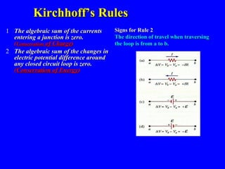 Kirchhoff’s Rules The algebraic sum of the currents entering a junction is zero.  ( Conservation  of Charge ) The algebraic sum of the changes in electric potential difference around any closed circuit loop is zero.   ( Conservation of Energy )   Signs for Rule 2 The direction of travel when traversing the loop is from a to b. 