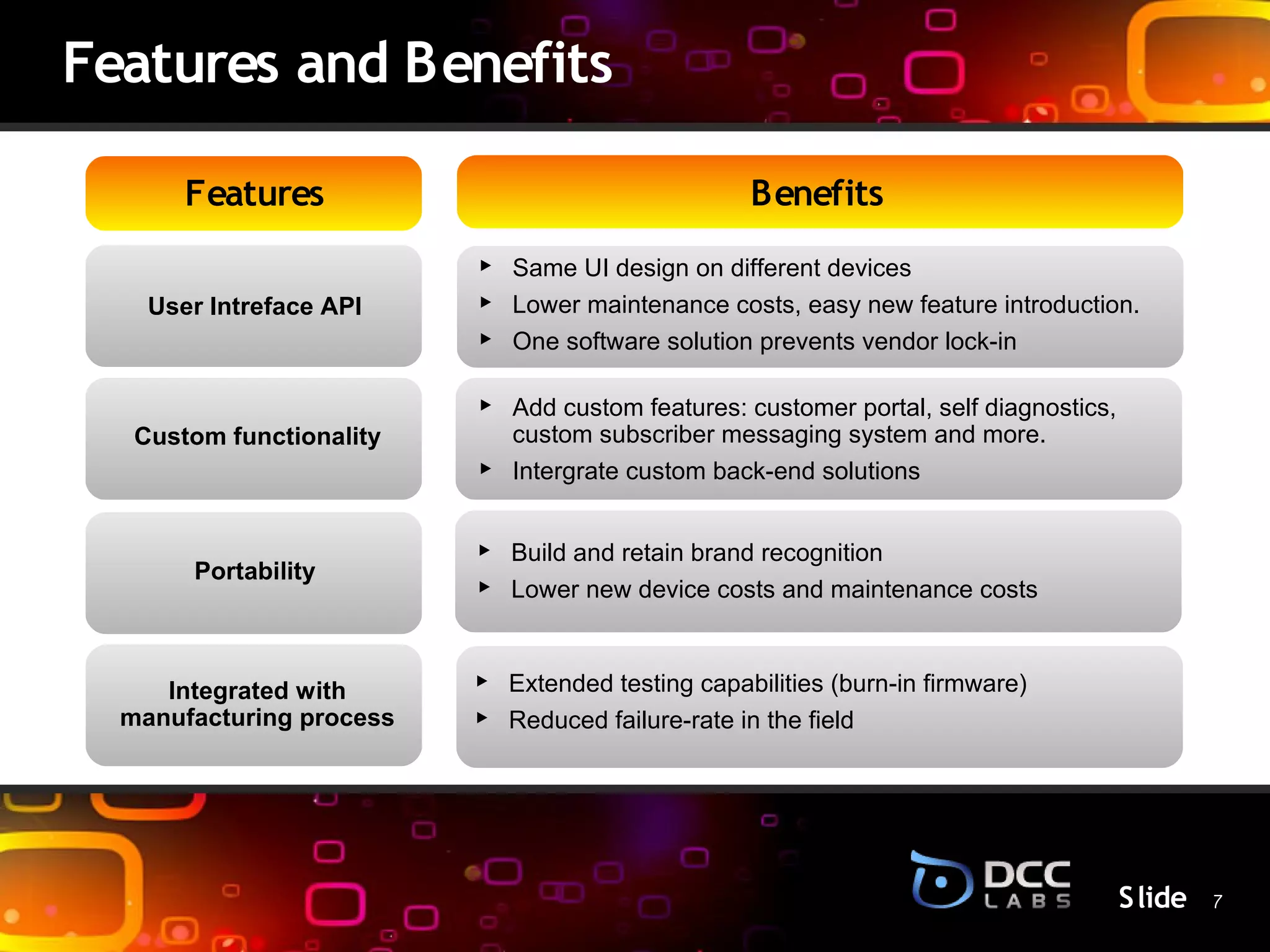 Features and Benefits

       Features                                    Benefits
                          ‣ Same UI design on different devices
    User Intreface API    ‣ Lower maintenance costs, easy new feature introduction.
                          ‣ One software solution prevents vendor lock-in

                          ‣ Add custom features: customer portal, self diagnostics,
   Custom functionality       custom subscriber messaging system and more.
                          ‣   Intergratelide
                                      S custom back-end solutions

                          ‣ Build and retain brand recognition
       Portability
                          ‣ Lower new device costs and maintenance costs


     Integrated with      ‣ Extended testing capabilities (burn-in firmware)
  manufacturing process   ‣ Reduced failure-rate in the field




                                                                                      S lide 7
 