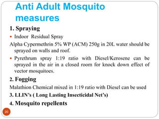 Anti Adult Mosquito
measures
20
1. Spraying
 Indoor Residual Spray
Alpha Cypermethrin 5% WP (ACM) 250g in 20L water should be
sprayed on walls and roof.
 Pyrethrum spray 1:19 ratio with Diesel/Kerosene can be
sprayed in the air in a closed room for knock down effect of
vector mosquitoes.
2. Fogging
Malathion Chemical mixed in 1:19 ratio with Diesel can be used
3. LLIN’s ( Long Lasting Insecticidal Net’s)
4. Mosquito repellents
 
