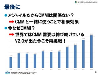 最後に
アジャイルだからCMMIは関係ない？
CMMIと一緒に使うことで相乗効果
今なぜCMMI？
世界ではCMMI需要は伸び続けている
V2.0が出た今こそ再挑戦！
88
 