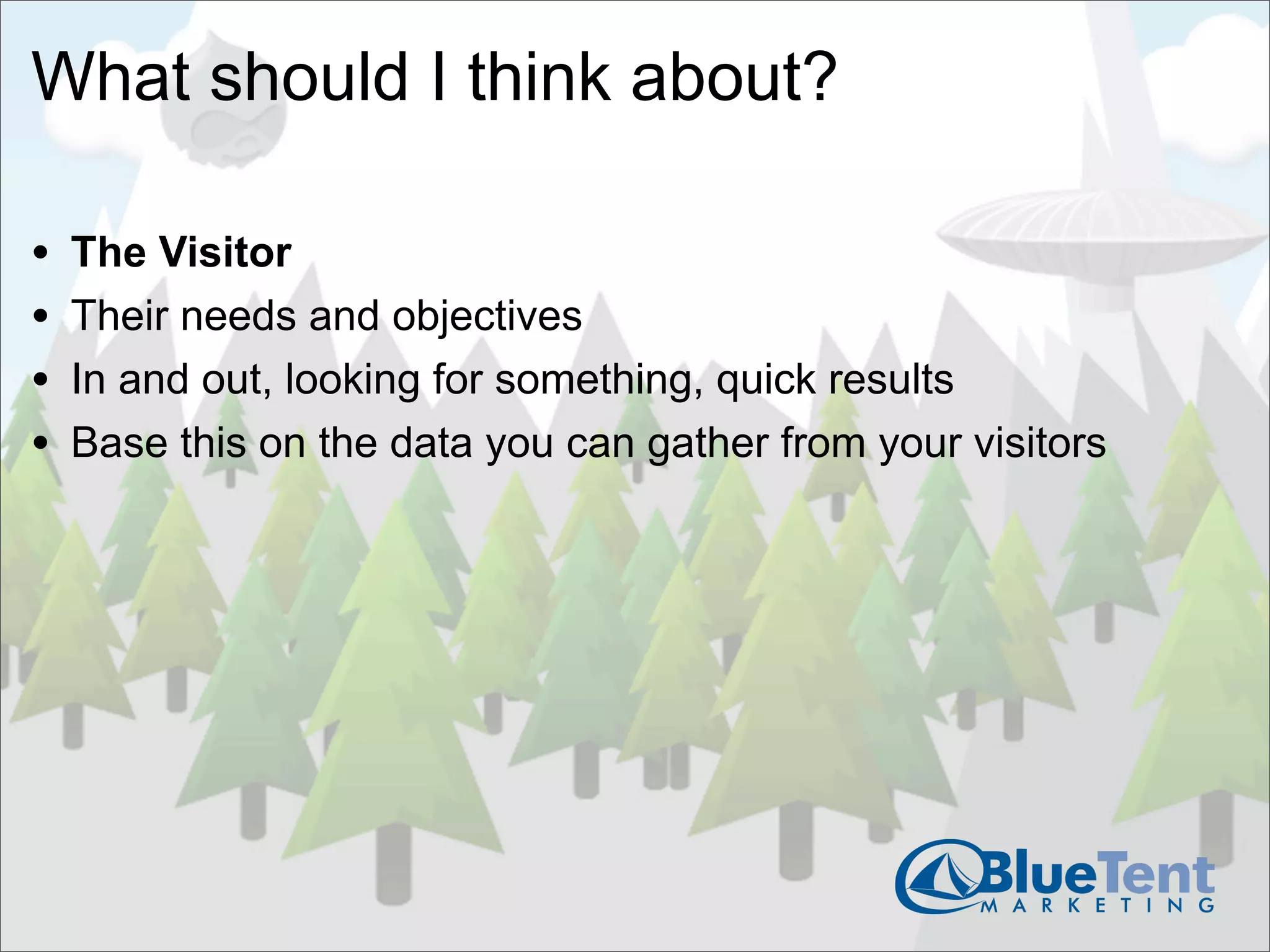 What should I think about?

•   The Visitor
•   Their needs and objectives
•   In and out, looking for something, quick results
•   Base this on the data you can gather from your visitors
 