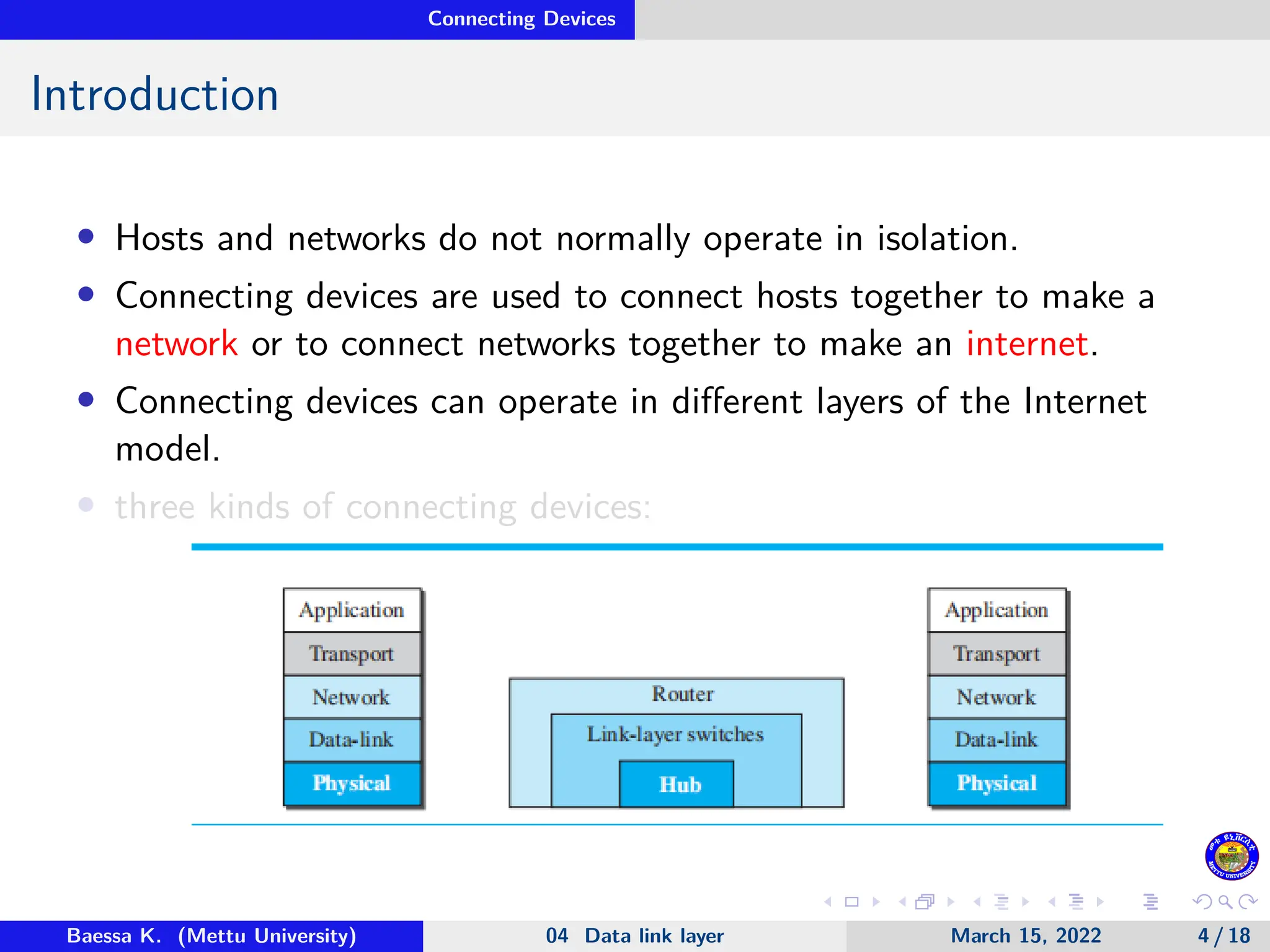 Connecting Devices Introduction • Hosts and networks do not normally operate in isolation. • Connecting devices are used to connect hosts together to make a network or to connect networks together to make an internet. • Connecting devices can operate in different layers of the Internet model. • three kinds of connecting devices: Baessa K. (Mettu University) 04 Data link layer March 15, 2022 4 / 18 