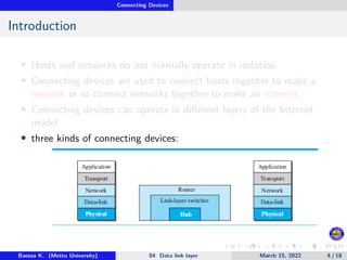 Connecting Devices
Introduction
• Hosts and networks do not normally operate in isolation.
• Connecting devices are used to connect hosts together to make a
network or to connect networks together to make an internet.
• Connecting devices can operate in different layers of the Internet
model.
• three kinds of connecting devices:
Baessa K. (Mettu University) 04 Data link layer March 15, 2022 4 / 18
 