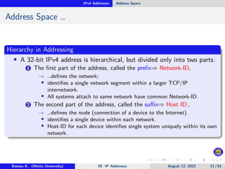 IPv4 Addresses Address Space
Address Space …
Hierarchy in Addressing
• A 32-bit IPv4 address is hierarchical, but divided only into two parts.
1 The first part of the address, called the prefix⇒ Network-ID,
→ …defines the network;
• identifies a single network segment within a larger TCP/IP
internetwork.
• All systems attach to same network have common Network-ID.
2 The second part of the address, called the suffix⇒ Host ID:,
→ …defines the node (connection of a device to the Internet).
• identifies a single device within each network.
• Host-ID for each device identifies single system uniquely within its own
network.
Baessa K. (Mettu University) 05 IP Addresses August 12, 2022 12 / 61
 