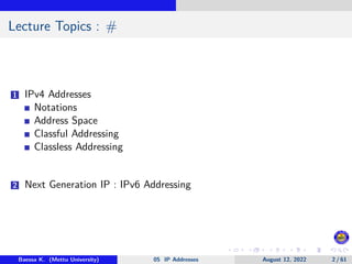 Lecture Topics : #
1 IPv4 Addresses
Notations
Address Space
Classful Addressing
Classless Addressing
2 Next Generation IP : IPv6 Addressing
Baessa K. (Mettu University) 05 IP Addresses August 12, 2022 2 / 61
 