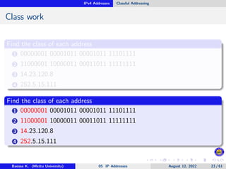 IPv4 Addresses Classful Addressing
Class work
Find the class of each address
1 00000001 00001011 00001011 11101111
2 11000001 10000011 00011011 11111111
3 14.23.120.8
4 252.5.15.111
Find the class of each address
1 00000001 00001011 00001011 11101111
2 11000001 10000011 00011011 11111111
3 14.23.120.8
4 252.5.15.111
Baessa K. (Mettu University) 05 IP Addresses August 12, 2022 23 / 61
 