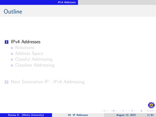IPv4 Addresses
Outline
1 IPv4 Addresses
Notations
Address Space
Classful Addressing
Classless Addressing
2 Next Generation IP : IPv6 Addressing
Baessa K. (Mettu University) 05 IP Addresses August 12, 2022 3 / 61
 