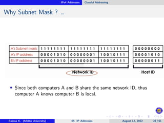 IPv4 Addresses Classful Addressing
Why Subnet Mask ? …
• Since both computers A and B share the same network ID, thus
computer A knows computer B is local.
Baessa K. (Mettu University) 05 IP Addresses August 12, 2022 28 / 61
 