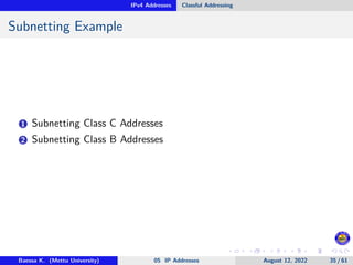 IPv4 Addresses Classful Addressing
Subnetting Example
1 Subnetting Class C Addresses
2 Subnetting Class B Addresses
Baessa K. (Mettu University) 05 IP Addresses August 12, 2022 35 / 61
 