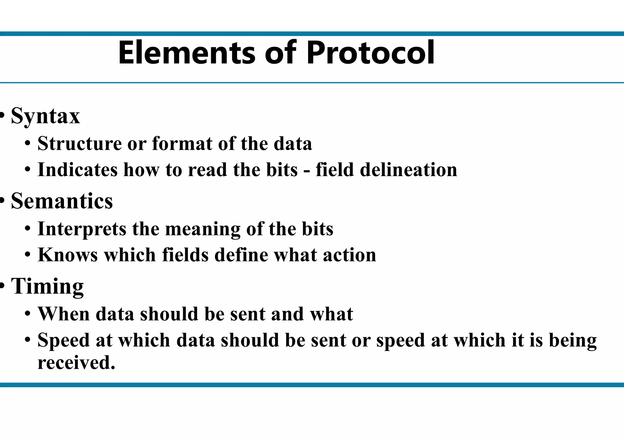 ements of a Protocol
• Syntax
• Structure or format of the data
• Indicates how to read the bits -
• Semantics
• Interprets the meaning of the bits
Elements of Protocol
1.14
• Interprets the meaning of the bits
• Knows which fields define what action
• Timing
• When data should be sent and what
• Speed at which data should be sent or speed at which it is being
received.
Structure or format of the data
field delineation
Interprets the meaning of the bits
Elements of Protocol
Interprets the meaning of the bits
Knows which fields define what action
When data should be sent and what
Speed at which data should be sent or speed at which it is being
 
