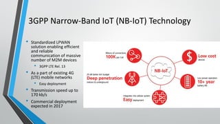3GPP Narrow-Band IoT (NB-IoT) Technology
• Standardized LPWAN
solution enabling efficient
and reliable
communication of massive
number of M2M devices
• 3GPP LTE Rel. 13
• As a part of existing 4G
(LTE) mobile networks
• Easy deployment
• Transmission speed up to
170 kb/s
• Commercial deployment
expected in 2017
 