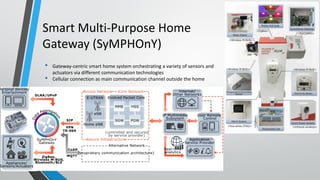 Smart Multi-Purpose Home
Gateway (SyMPHOnY)
• Gateway-centric smart home system orchestrating a variety of sensors and
actuators via different communication technologies
• Cellular connection as main communication channel outside the home
 