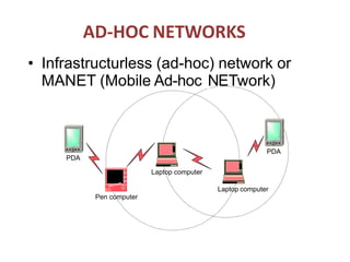 • Infrastructurless (ad-hoc) network or
MANET (Mobile Ad-hoc NETwork)
AD-HOC NETWORKS
PDA
Laptop computer
Laptop computer
Pen computer
PDA
 