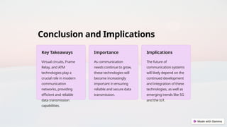 Conclusion and Implications
Key Takeaways
Virtual circuits, Frame
Relay, and ATM
technologies play a
crucial role in modern
communication
networks, providing
efficient and reliable
data transmission
capabilities.
Importance
As communication
needs continue to grow,
these technologies will
become increasingly
important in ensuring
reliable and secure data
transmission.
Implications
The future of
communication systems
will likely depend on the
continued development
and integration of these
technologies, as well as
emerging trends like 5G
and the IoT.
 