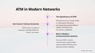 ATM in Modern Networks
1 The Significance of ATM
ATM (Asynchronous Transfer Mode)
is a high-speed networking
technology that provides efficient,
reliable, and flexible data
transmission capabilities.
2
Use Cases in Various Scenarios
ATM is used in a variety of
industries, including healthcare,
finance, and media.
3 Role in Modern
Communication Systems
The use of ATM in modern
communication systems helps
improve network efficiency and
data transmission reliability.
 