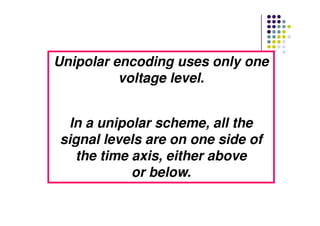 Unipolar encoding uses only one
voltage level.
In a unipolar scheme, all the
signal levels are on one side of
the time axis, either above
or below.
 