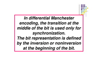 In differential ManchesterIn differential Manchester
encoding, the transition at theencoding, the transition at the
middle of the bit is used only formiddle of the bit is used only for
synchronization.synchronization.synchronization.synchronization.
The bit representation is definedThe bit representation is defined
by the inversion orby the inversion or noninversionnoninversion
at the beginning of the bit.at the beginning of the bit.
 