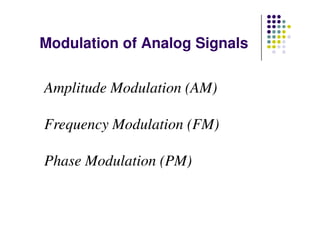 Modulation of Analog Signals
Amplitude Modulation (AM)
Frequency Modulation (FM)
Phase Modulation (PM)
 