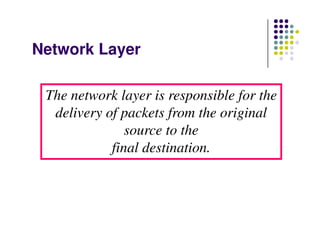Network Layer
The network layer is responsible for the
delivery of packets from the original
source to thesource to the
final destination.
 