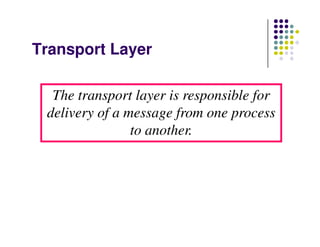 Transport Layer
The transport layer is responsible for
delivery of a message from one process
to another.to another.
 