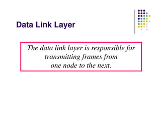 Data Link Layer
The data link layer is responsible for
transmitting frames from
one node to the next.one node to the next.
 