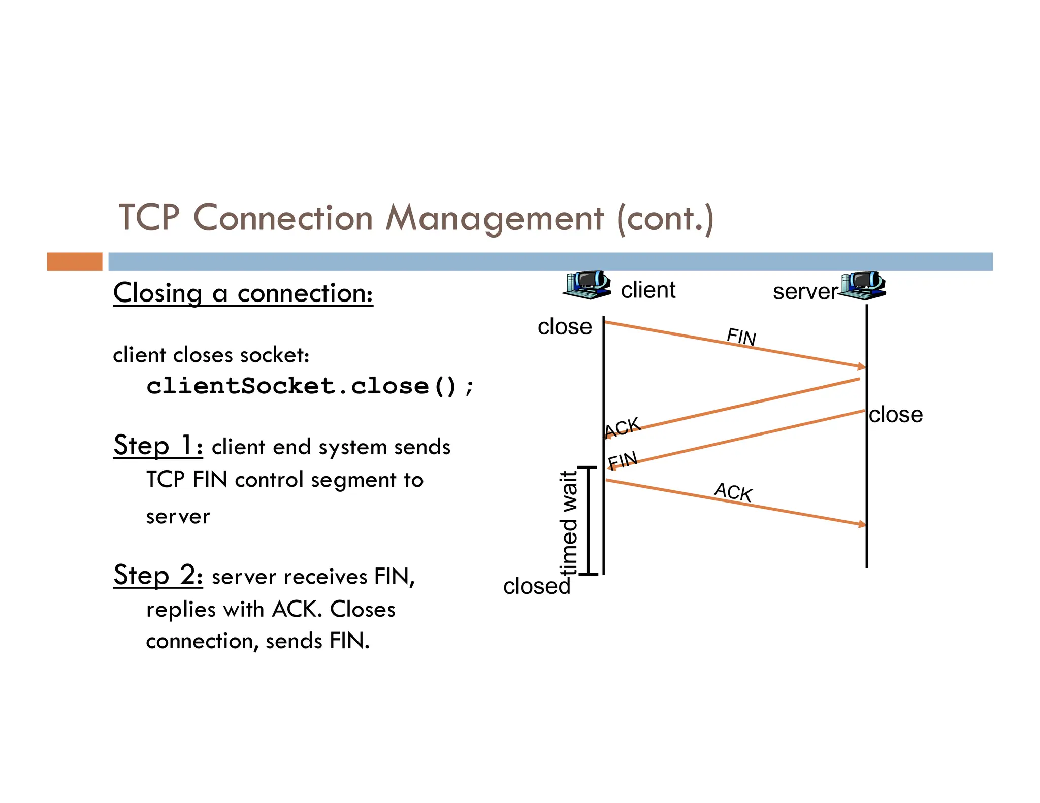 TCP Connection Management (cont.)
Closing a connection:
client closes socket:
clientSocket.close();
client server
close
close
3-117
Step 1: client end system sends
TCP FIN control segment to
server
Step 2: server receives FIN,
replies with ACK. Closes
connection, sends FIN.
close
closed
timed
wait
 