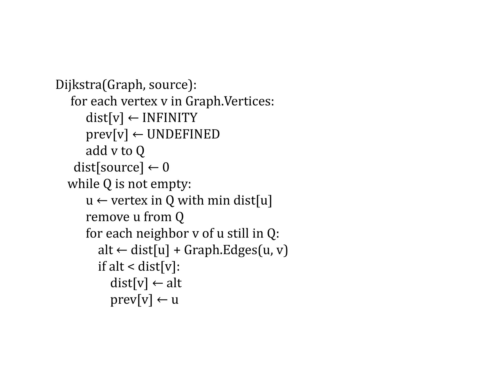 Dijkstra(Graph, source):
for each vertex v in Graph.Vertices:
dist[v] ← INFINITY
prev[v] ← UNDEFINED
add v to Q
dist[source] ← 0
while Q is not empty:
u ← vertex in Q with min dist[u]
remove u from Q
for each neighbor v of u still in Q:
alt ← dist[u] + Graph.Edges(u, v)
if alt < dist[v]:
dist[v] ← alt
prev[v] ← u
 