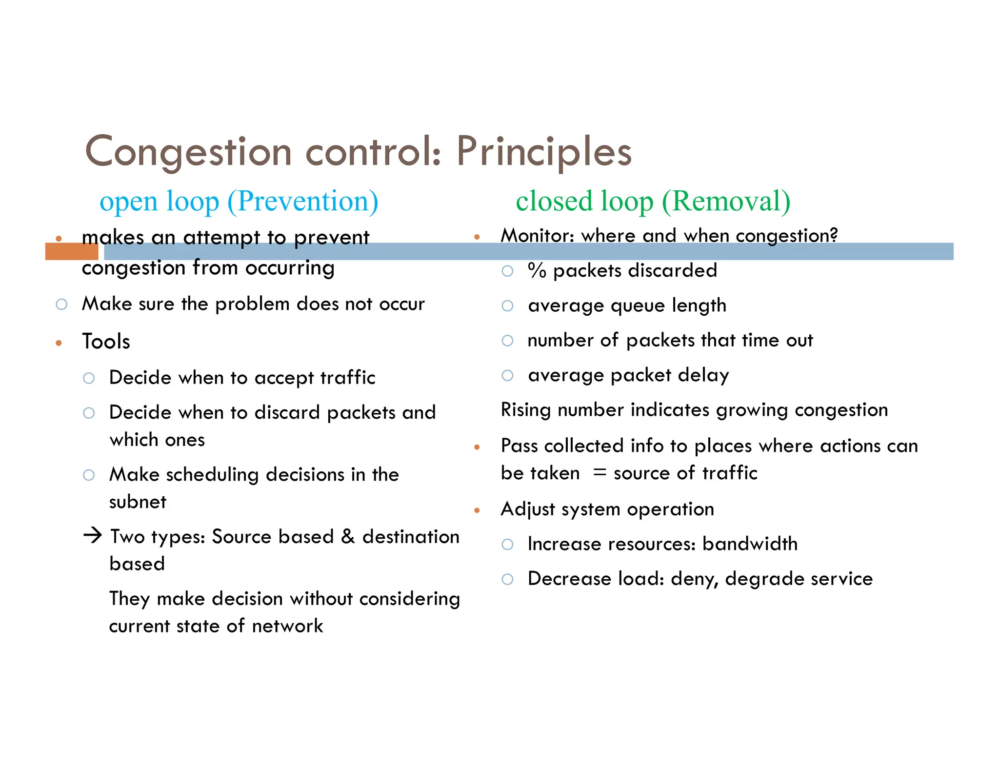 Congestion control: Principles
 makes an attempt to prevent
congestion from occurring
 Make sure the problem does not occur
 Tools
 Decide when to accept traffic
 Monitor: where and when congestion?
 % packets discarded
 average queue length
 number of packets that time out
 average packet delay
open loop (Prevention) closed loop (Removal)
 Decide when to accept traffic
 Decide when to discard packets and
which ones
 Make scheduling decisions in the
subnet
 Two types: Source based & destination
based
They make decision without considering
current state of network
average packet delay
Rising number indicates growing congestion
 Pass collected info to places where actions can
be taken = source of traffic
 Adjust system operation
 Increase resources: bandwidth
 Decrease load: deny, degrade service
 