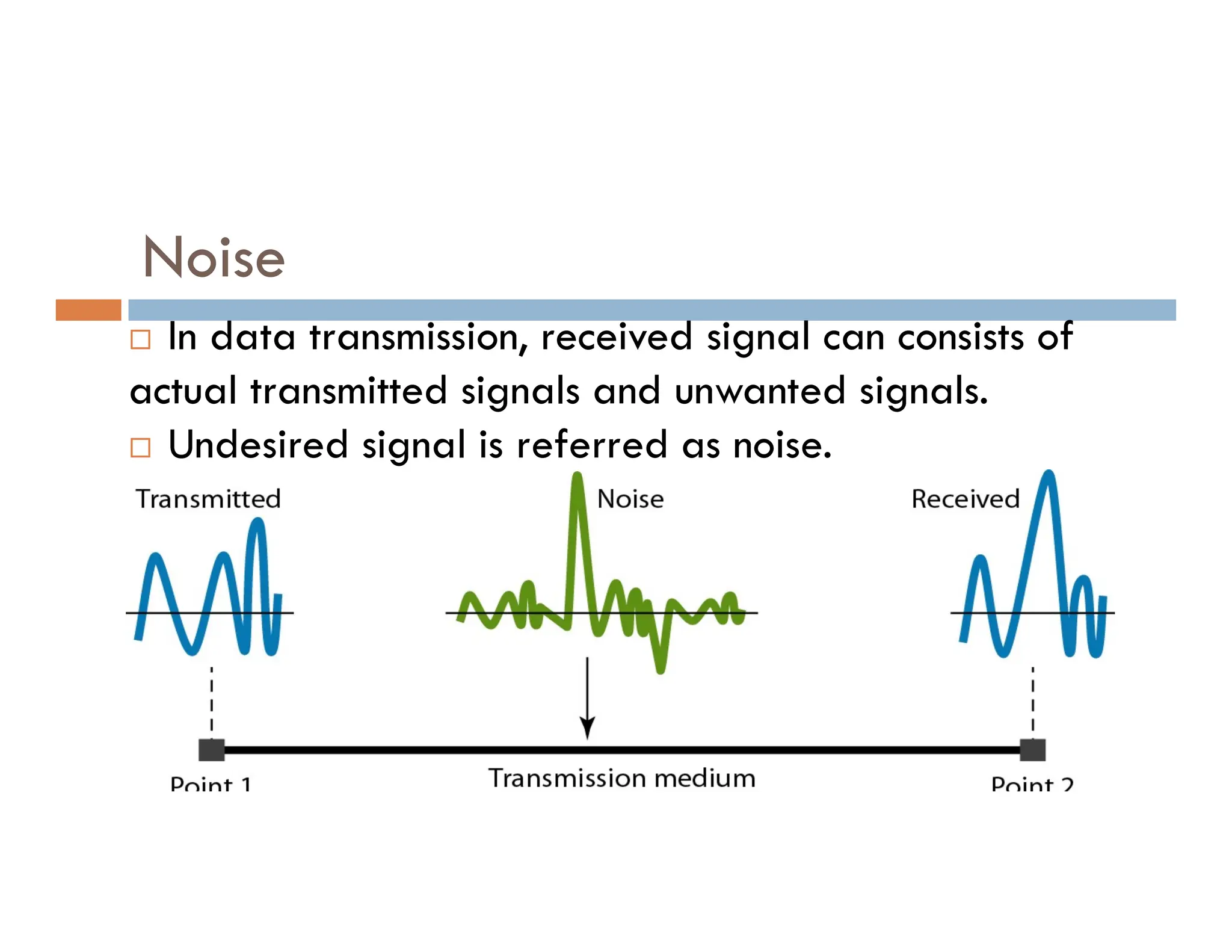 Noise  In data transmission, received signal can consists of actual transmitted signals and unwanted signals.  Undesired signal is referred as noise. 