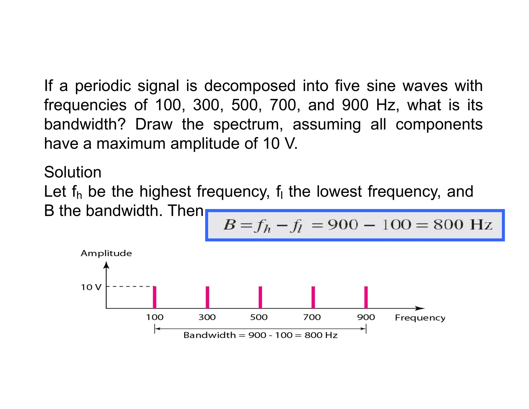 If a periodic signal is decomposed into five sine waves with frequencies of 100, 300, 500, 700, and 900 Hz, what is its bandwidth? Draw the spectrum, assuming all components have a maximum amplitude of 10 V. Solution Let fh be the highest frequency, fl the lowest frequency, and B the bandwidth. Then B the bandwidth. Then 