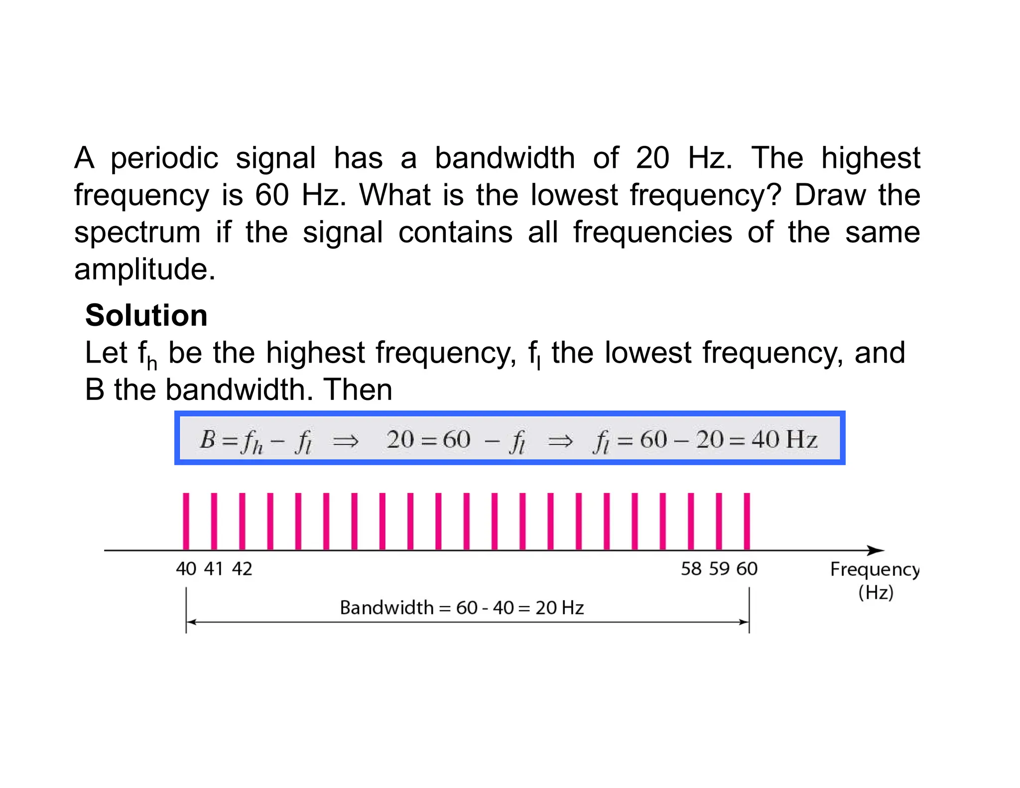 A periodic signal has a bandwidth of 20 Hz. The highest frequency is 60 Hz. What is the lowest frequency? Draw the spectrum if the signal contains all frequencies of the same amplitude. Solution Let fh be the highest frequency, fl the lowest frequency, and B the bandwidth. Then B the bandwidth. Then 