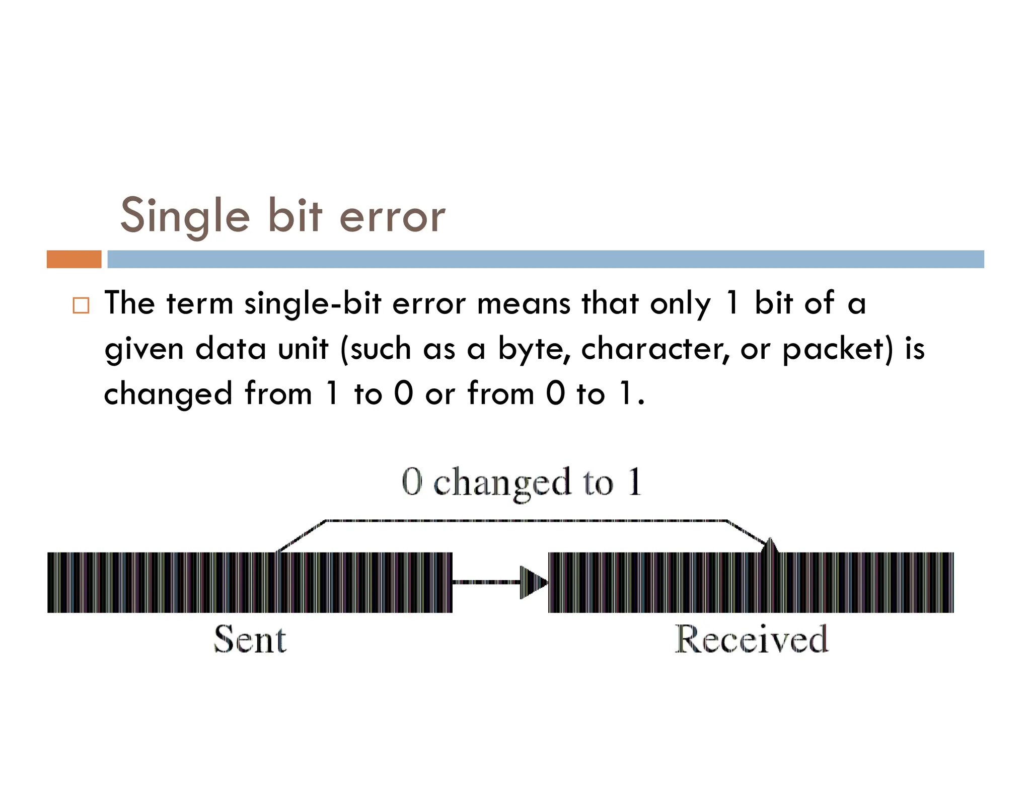 Single bit error  The term single-bit error means that only 1 bit of a given data unit (such as a byte, character, or packet) is changed from 1 to 0 or from 0 to 1. changed from 1 to 0 or from 0 to 1. 