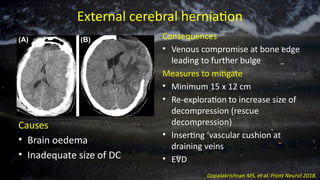 External cerebral herniation
Causes
• Brain oedema
• Inadequate size of DC
Consequences
• Venous compromise at bone edge
leading to further bulge
Measures to mitigate
• Minimum 15 x 12 cm
• Re-exploration to increase size of
decompression (rescue
decompression)
• Inserting ‘vascular cushion at
draining veins
• EVD
Gopalakrishnan MS, et al. Front Neurol 2018.
 