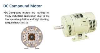 DC Compound Motor
•Dc Compound motors are utilized in
many industrial application due to its
low speed regulation and high starting
torque characteristic
 