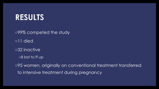 RESULTS
◦ 99% competed the study
◦ 11 died
◦ 32 inactive
◦ 8 lost to ff up
◦ 95 women, originally on conventional treatment transferred
to intensive treatment during pregnancy
 
