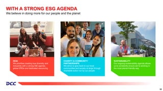 10
DE&I
We prioritise creating true diversity and
inclusivity with a strong D&I agenda,
global ERGs and dedicated resourcing
CHARITY & COMMUNITY
PARTNERSHIPS
We strive to give back to our local
communities and society at large through
charitable action run by our people
SUSTAINABILITY
Our ongoing sustainability agenda allows
us to constantly ensure we’re working in
the most planet-friendly way
WITH A STRONG ESG AGENDA
We believe in doing more for our people and the planet
 
