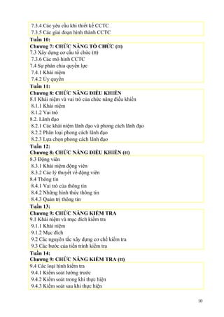 7.3.4 Các yêu cầu khi thiết kế CCTC
7.3.5 Các giai đoạn hình thành CCTC
Tuần 10:
Chương 7: CHỨC NĂNG TỔ CHỨC (tt)
7.3 Xây dựng cơ cấu tổ chức (tt)
7.3.6 Các mô hình CCTC
7.4 Sự phân chia quyền lực
7.4.1 Khái niệm
7.4.2 Ủy quyền
Tuần 11:
Chương 8: CHỨC NĂNG ĐIỀU KHIỂN
8.1 Khái niệm và vai trò của chức năng điều khiển
8.1.1 Khái niệm
8.1.2 Vai trò
8.2. Lãnh đạo
8.2.1 Các khái niệm lãnh đạo và phong cách lãnh đạo
8.2.2 Phân loại phong cách lãnh đạo
8.2.3 Lựa chọn phong cách lãnh đạo
Tuần 12:
Chương 8: CHỨC NĂNG ĐIỀU KHIỂN (tt)
8.3 Động viên
8.3.1 Khái niệm động viên
8.3.2 Các lý thuyết về động viên
8.4 Thông tin
8.4.1 Vai trò của thông tin
8.4.2 Những hình thức thông tin
8.4.3 Quản trị thông tin
Tuần 13:
Chương 9: CHỨC NĂNG KIỂM TRA
9.1 Khái niệm và mục đích kiểm tra
9.1.1 Khái niệm
9.1.2 Mục đích
9.2 Các nguyên tắc xây dựng cơ chế kiểm tra
9.3 Các bước của tiến trình kiểm tra
Tuần 14:
Chương 9: CHỨC NĂNG KIỂM TRA (tt)
9.4 Các loại hình kiểm tra
9.4.1 Kiểm soát lường trước
9.4.2 Kiểm soát trong khi thực hiện
9.4.3 Kiểm soát sau khi thực hiện
10
 
